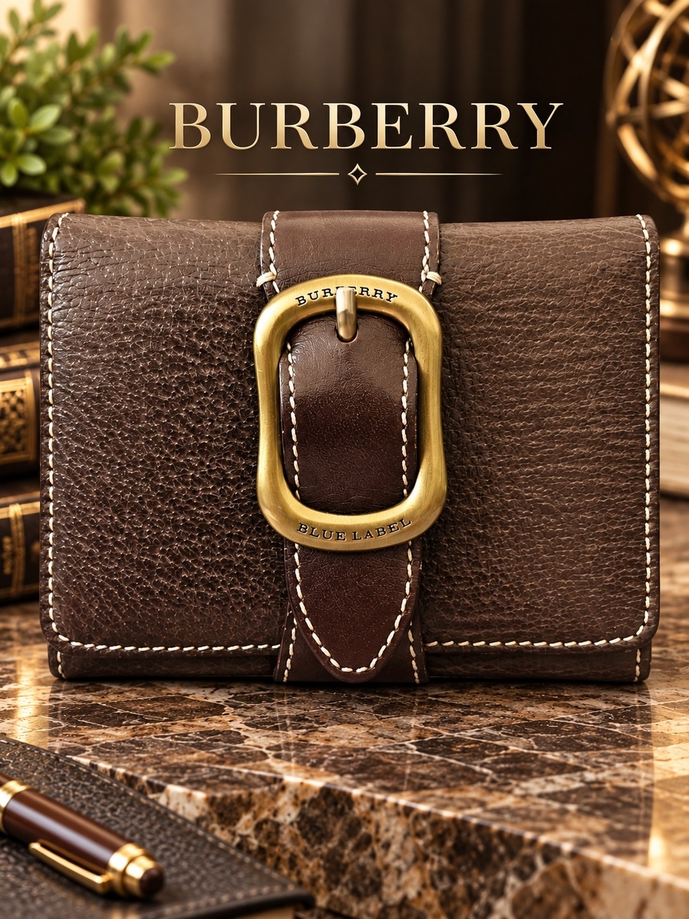 Vintage BURBERRY Blue Label Brown Leather Bifold Buckle Wallet Mens Unisex EUC